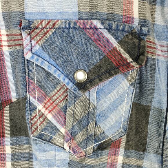 Affliction Blue Plaid Western Pearl Snap Embroidered Shirt Size Medium - Picture 5 of 8